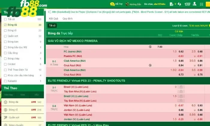 Bảng kèo nhà cái FB88 được cập nhật liên tục