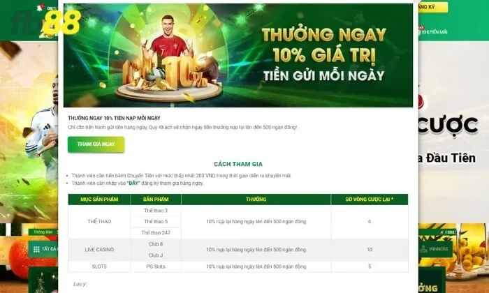 Giới thiệu chương trình thưởng 10% giá trị tiền gửi mỗi ngày FB88