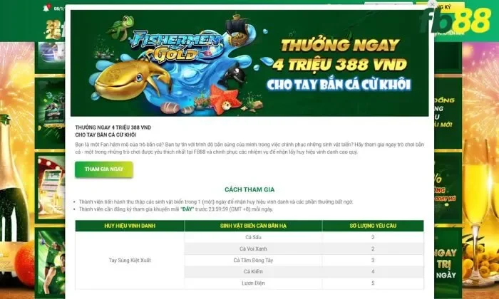 Thưởng ngay 4 triệu 388 VNĐ cho tay bắn cá cừ khôi FB88 Cách tham gia khuyến mãi thưởng 4 triệu 388 VNĐ cho tay bắn cá cừ khôi